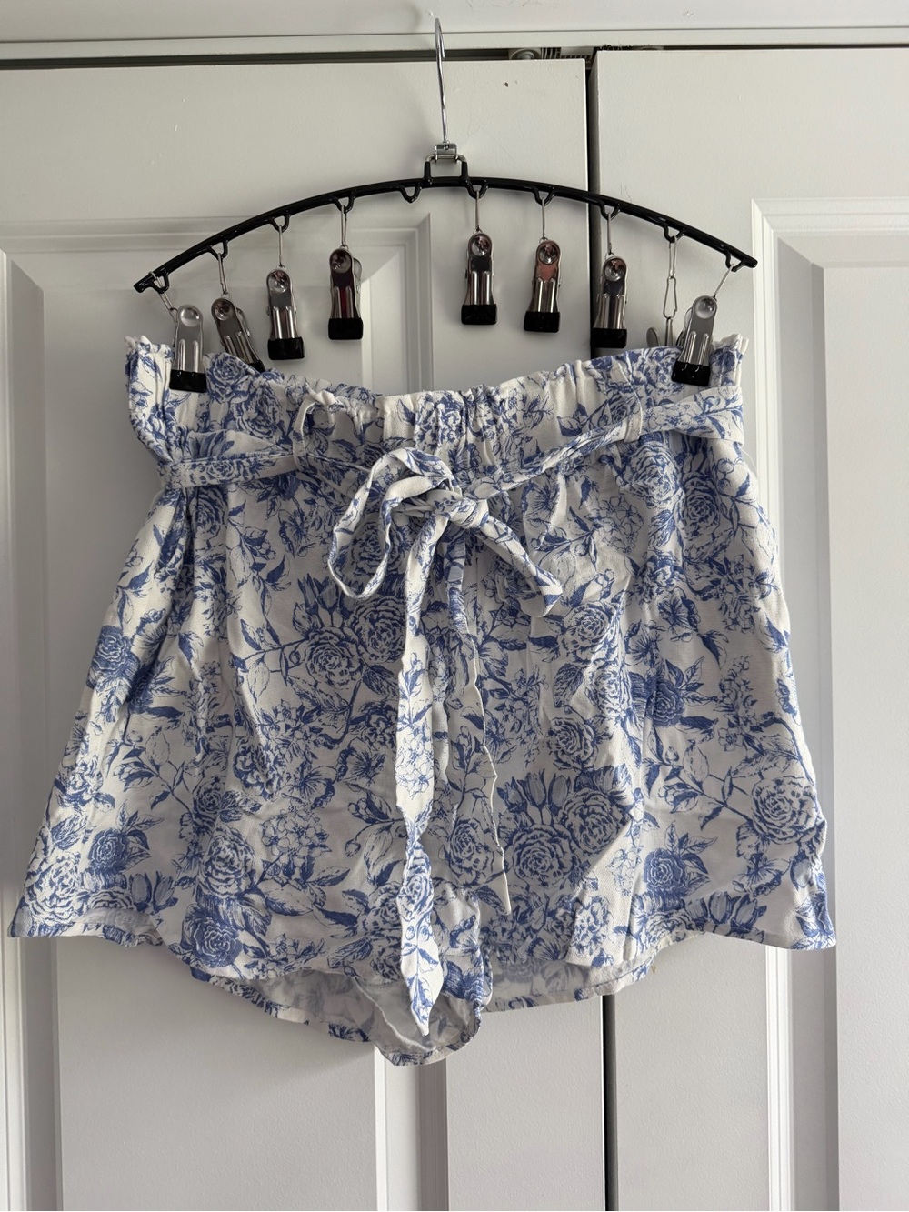 Altar'd State White and Blue Floral Paperbag Waist Shorts